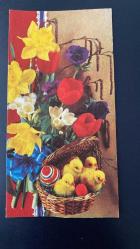 HEDİYE KARTPOSTALI - 15 x 10 cm EBADINDA -ARKASI YAZILI - SEPETTE CİVCİVLER, RENKLİ PASKALYA YUMURTALARI VE RENKLİ ÇİÇEKLER