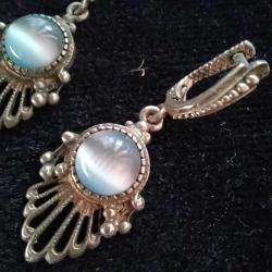 Etnik Sallantılı Küpeler,Mavi taşlı,Gümüş