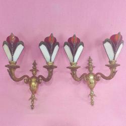 VINTAGE EL YAPIMI VİTRAY CAMLI İKİ KOLLU BİR ÇİFT PİRİNÇ DÖKÜM APLİK