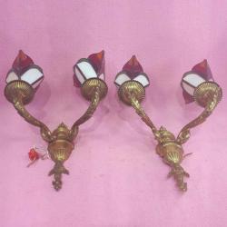 VINTAGE EL YAPIMI VİTRAY CAMLI İKİ KOLLU BİR ÇİFT PİRİNÇ DÖKÜM APLİK