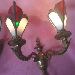 VINTAGE EL YAPIMI VİTRAY CAMLI İKİ KOLLU BİR ÇİFT PİRİNÇ DÖKÜM APLİK