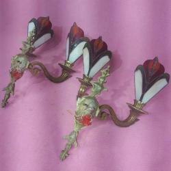 VINTAGE EL YAPIMI VİTRAY CAMLI İKİ KOLLU BİR ÇİFT PİRİNÇ DÖKÜM APLİK