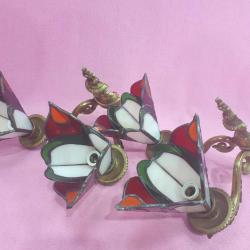 VINTAGE EL YAPIMI VİTRAY CAMLI İKİ KOLLU BİR ÇİFT PİRİNÇ DÖKÜM APLİK