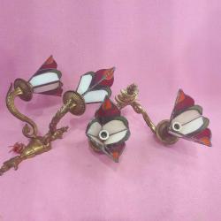 VINTAGE EL YAPIMI VİTRAY CAMLI İKİ KOLLU BİR ÇİFT PİRİNÇ DÖKÜM APLİK