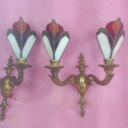 VINTAGE EL YAPIMI VİTRAY CAMLI İKİ KOLLU BİR ÇİFT PİRİNÇ DÖKÜM APLİK