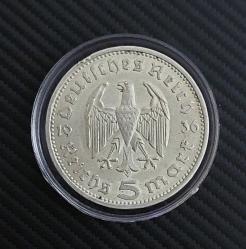 Almanya, 5 Reichs Mark / 3. Reich Dönemi, Paul Von Hindenburg ve Nazi Kartalı Temalı. 1936 A. Kenar Yazısı Tura Yönüne Göre Düz. Berlin Darphanesi. 900 Ayar Gümüş (14 gr/ÇA+)