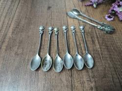 Antika Gümüş Renk Çay Kaşığı ve Maşa - 7 ADET - Çiçek Desen Kaşık - Çay - Tatlı Kaşığı - K7