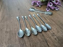 Antika Gümüş Renk Çay Kaşığı ve Maşa - 7 ADET - Çiçek Desen Kaşık - Çay - Tatlı Kaşığı - K7