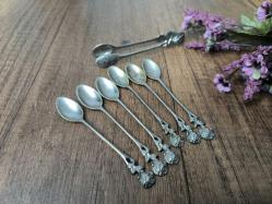 Antika Gümüş Renk Çay Kaşığı ve Maşa - 7 ADET - Çiçek Desen Kaşık - Çay - Tatlı Kaşığı - K7