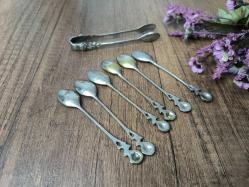 Antika Gümüş Renk Çay Kaşığı ve Maşa - 7 ADET - Çiçek Desen Kaşık - Çay - Tatlı Kaşığı - K7
