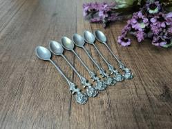 Antika Gümüş Renk Çay Kaşığı 6 ADET - Çiçek Desen Kaşık - Çay - Tatlı Kaşığı - A9