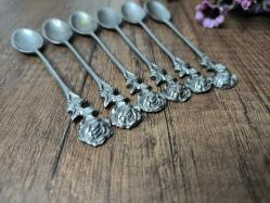 Antika Gümüş Renk Çay Kaşığı 6 ADET - Çiçek Desen Kaşık - Çay - Tatlı Kaşığı - A9