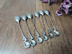 Antika Gümüş Renk Çay Kaşığı 6 ADET - Çiçek Desen Kaşık - Çay - Tatlı Kaşığı - A9