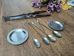 Antika Gümüş Renk Çay takımı - kaşık - maşa - Çiçek Desen Kaşık - Çay - Tatlı Kaşığı