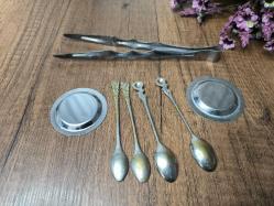 Antika Gümüş Renk Çay takımı - kaşık - maşa - Çiçek Desen Kaşık - Çay - Tatlı Kaşığı