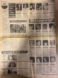 HAFTA SONU GAZETESİ DOĞUM GÜNÜ HEDİYESİ  ( Turkish Newspaper ) - 28 ARALIK 1967 -TAM TAKIM 8 SAYFADIR - Hülya Koçyiğit-Kuaför Demir-Figen Say-Gülgün Ok-Zeynep Aksu-Behiye Aksoy-M. Demirkıran-Sevim Tuna-Nesrin Sipahi-Mercan Adaklılar-Gönül Akkor-Peri Han-Zeki Müren-Ayten Alpman-Tülin Korman-Nilgün Arkın-Yılmaz Güney-Öztürk Serengil-Avni Dilligil-Türkan Şoray-Gönül Yazar-Erol Tezeren-Zeynep Tedü-Lüfen Par-Fatoş Güney-Selda Alkor-Nilüfer Aydan-Neriman Köksal-Ümit Yaşar-Zeki Müren-Cevad Ulunay-Jale Birsel Hülya Koçyiğit’in evliliği suya düştü-Figen Say ve Gülgün Ok sahne için yapılan cazip tekliflere hayır dediler-İsviçre’den telefonla evlenme teklifi aldı-Zeynep Aksu teklife evet deyip beyaz perdeyi terk ediyor-10 ses sanatkârı sahne kıyafeti için yarım milyon lira harcadı-Behiye Aksoy 80 bin lira-M. Demirkıran 70 bin lira-S. Çağlayan 6 elbise için 50 bin lira sarfetti-N. Sipahi’nin evdeki hesabı pazara uymadı-Rekor Zeki Müren 100 bin lira harcayan Müren onlar benim çocuğum diyor-Müzisyen