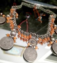 MERCAN TAŞLI OSMANLI GÜMÜŞ KOLYE  UZUNLUK 25 CM