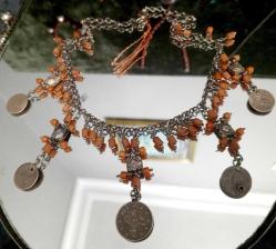 MERCAN TAŞLI OSMANLI GÜMÜŞ KOLYE  UZUNLUK 25 CM