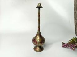 Eskilerden Gülebdan - Eski Çiçek Desenli Pirinç Gül Suyu Şişesi - Kalem İşi Gülebdan - Büyük Boy