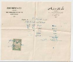 OSMANLI DÖNEMİ - OSMANLICA ZEKİ NAFİZ İZMİR ANTETLİ OSMANLI PULLU BELGE DÖKÜMAN VE ZARF