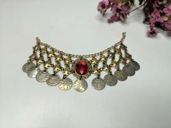 Osmanlı Paralı Kolye - Alınlık - Sarı Paralı Takı - Bujiteri - Takı Tasarım - Fes Önü Süs - Kırmızı Taşlı