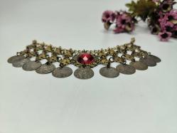 Osmanlı Paralı Kolye - Alınlık - Sarı Paralı Takı - Bujiteri - Takı Tasarım - Fes Önü Süs - Kırmızı Taşlı