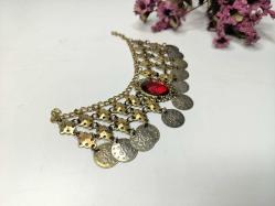 Osmanlı Paralı Kolye - Alınlık - Sarı Paralı Takı - Bujiteri - Takı Tasarım - Fes Önü Süs - Kırmızı Taşlı