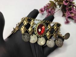 Osmanlı Paralı Kolye - Alınlık - Sarı Paralı Takı - Bujiteri - Takı Tasarım - Fes Önü Süs - Kırmızı Taşlı