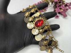 Osmanlı Paralı Kolye - Alınlık - Sarı Paralı Takı - Bujiteri - Takı Tasarım - Fes Önü Süs - Kırmızı Taşlı