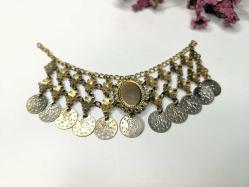 Osmanlı Paralı Kolye - Alınlık - Sarı Paralı Takı - Bujiteri - Takı Tasarım - Fes Önü Süs - Kırmızı Taşlı