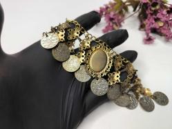 Osmanlı Paralı Kolye - Alınlık - Sarı Paralı Takı - Bujiteri - Takı Tasarım - Fes Önü Süs - Kırmızı Taşlı