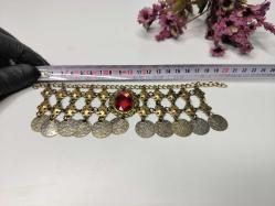 Osmanlı Paralı Kolye - Alınlık - Sarı Paralı Takı - Bujiteri - Takı Tasarım - Fes Önü Süs - Kırmızı Taşlı