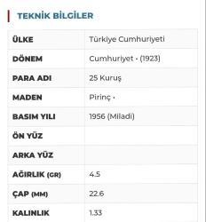 1956 TARİHLİ PİRİNÇ 25 KURUŞ