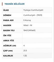 1943 TARİHLİ NİKEL 5 KURUŞ