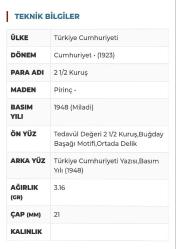 1948 TARİHLİ DELİKLİ İKİ BUÇUK KURUŞ