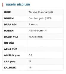 1976 TARİHLİ ALÜMİNYUM 5 KURUŞ