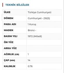 1972 TARİHLİ BRONZ 1 KURUŞ