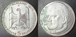 ALMANYA GÜMÜŞ 5 MARK 1978 D. GUSTAV STRESEMANN 11,2 gr. ÇİL(-)
