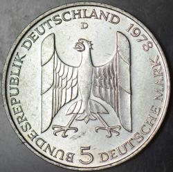 ALMANYA GÜMÜŞ 5 MARK 1978 D. GUSTAV STRESEMANN 11,2 gr. ÇİL(-)