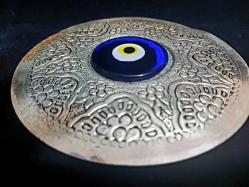 Gümüş Kaplama Cam Nazarlık - Nazar Boncuklu Nazarlık - Kapı Duvar Süsü