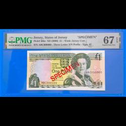 Jersey 1 pound 2000 Çil SPECIMEN  PMG 67 EPQ Kraliçe Elizabeth