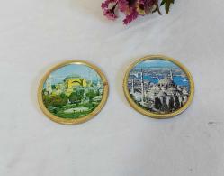 Eski Aya Sofya ve Süleymaniye Cami Mini Tabak - Dekor - Bardak Altı  - İstanbul Temalı Hediyelik - 2 Adet