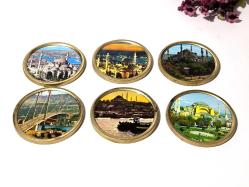 Eski Aya Sofya ve Süleymaniye Cami - Boğaz Köprüsü Mini Tabak - Dekor - Bardak Altı  - İstanbul Temalı Hediyelik - 6 Adet