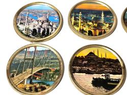 Eski Aya Sofya ve Süleymaniye Cami - Boğaz Köprüsü Mini Tabak - Dekor - Bardak Altı  - İstanbul Temalı Hediyelik - 6 Adet