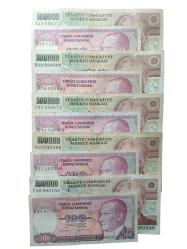 7. Emisyon 100.000 ve 100 Türk Lirası ABCDE Harf Serili 10 Adet Koleksiyon Kağıt Para.