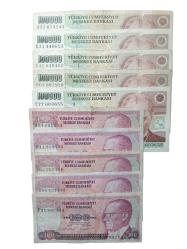 7. Emisyon 100.000 ve 100 Türk Lirası ABCDE Harf Serili 10 Adet Koleksiyon Kağıt Para.