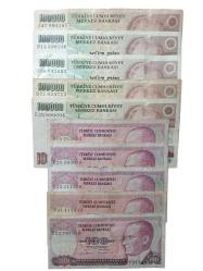 7. Emisyon 100.000 ve 100 Türk Lirası ABCDE Harf Serili 10 Adet Koleksiyon Kağıt Para.