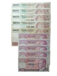 7. Emisyon 100.000 ve 100 Türk Lirası ABCDE Harf Serili 10 Adet Koleksiyon Kağıt Para.