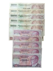 7. Emisyon 100.000 ve 100 Türk Lirası ABCDE Harf Serili 10 Adet Koleksiyon Kağıt Para.