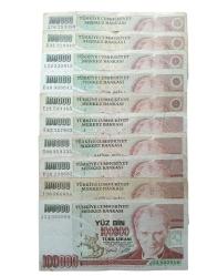 7. Emisyon 100.000 Türk Lirası  Harf Serili 10 Adet Koleksiyon Kağıt Para.